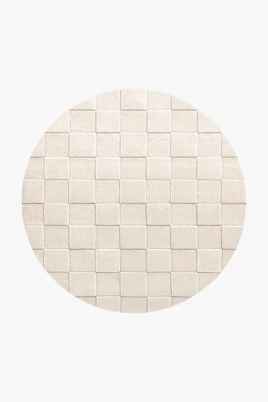 Handmade round cream checkered rug in a neutral palette for living rooms and nurseries