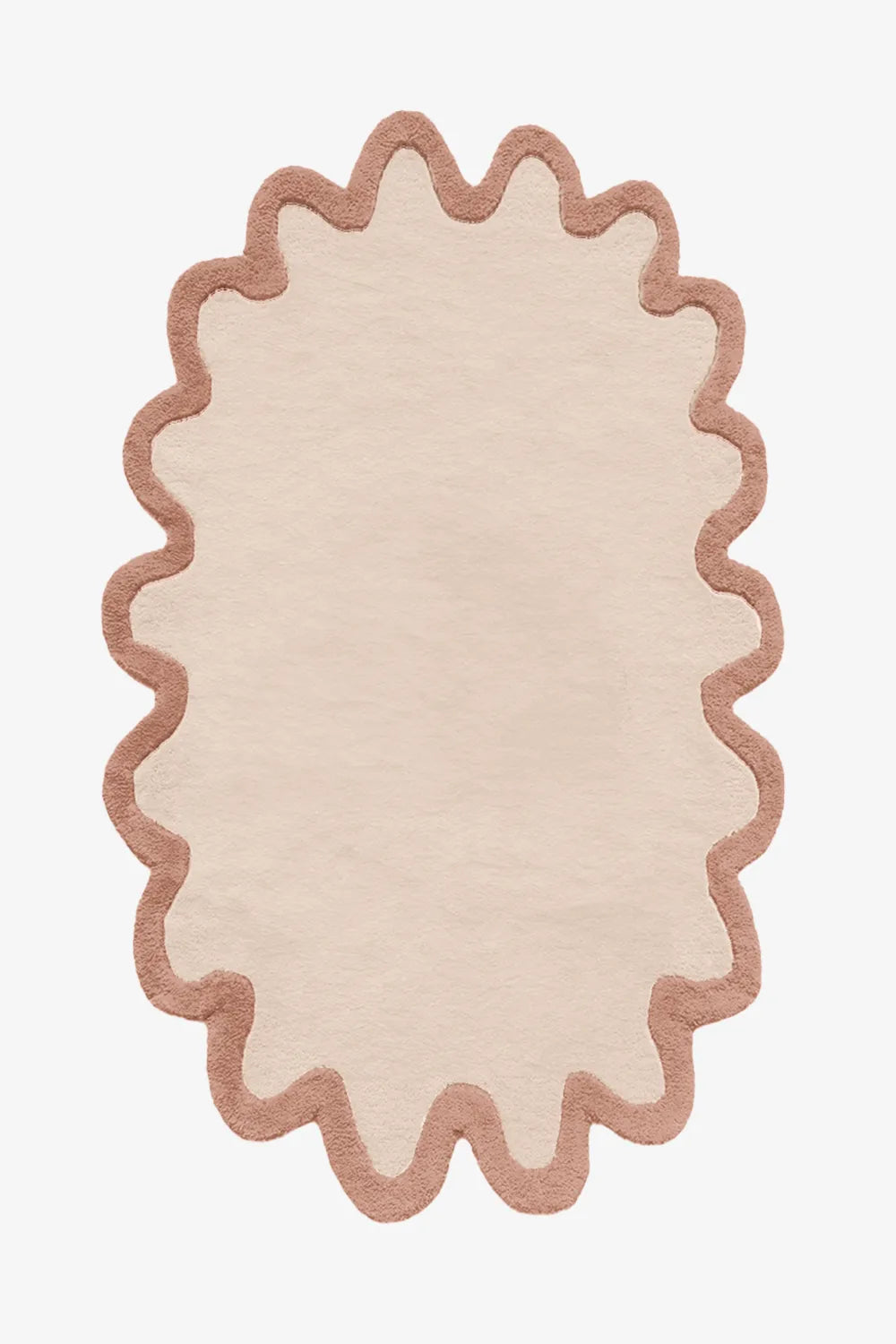 5x7 wavy border oval wool rug in neutral cream and tan, modern organic area rug