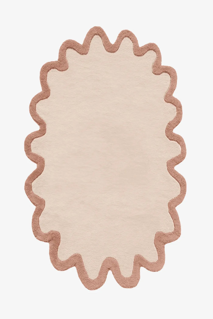 5x7 wavy border oval wool rug in neutral cream and tan, modern organic area rug
