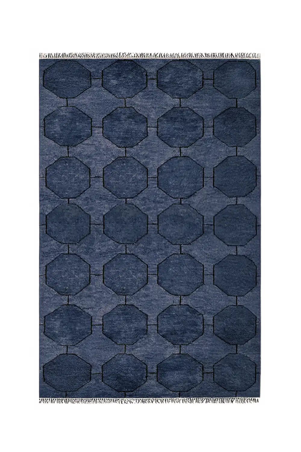 Hand-knotted geometric wool rug in deep navy blue with octagon pattern