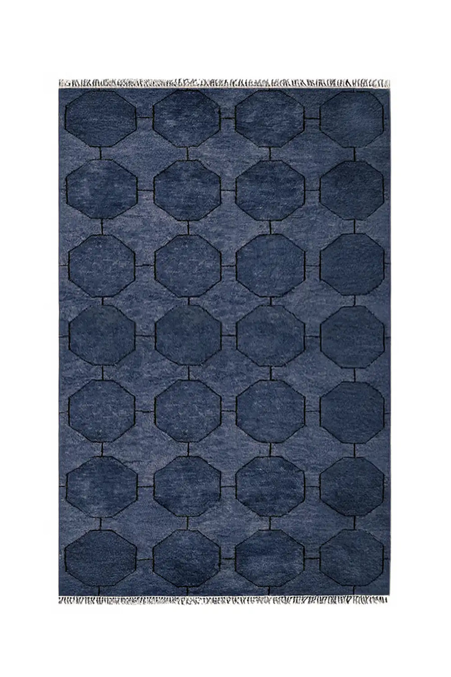 Hand-knotted geometric wool rug in deep navy blue with octagon pattern