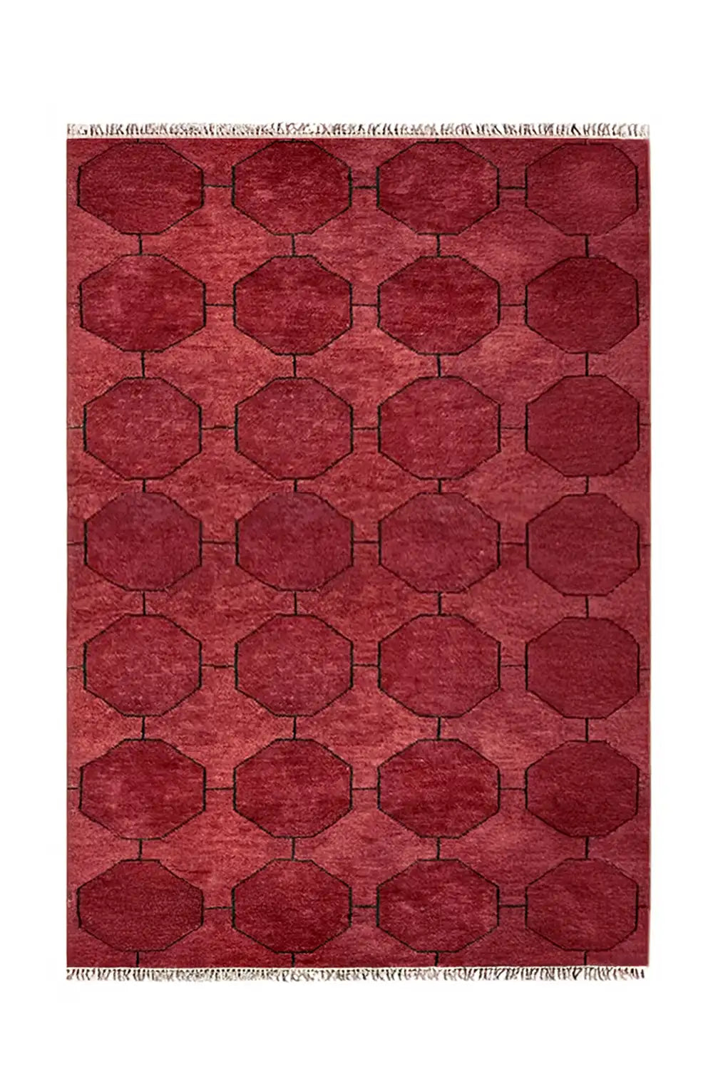 Hand-knotted geometric wool rug in dark moody red with octagon pattern