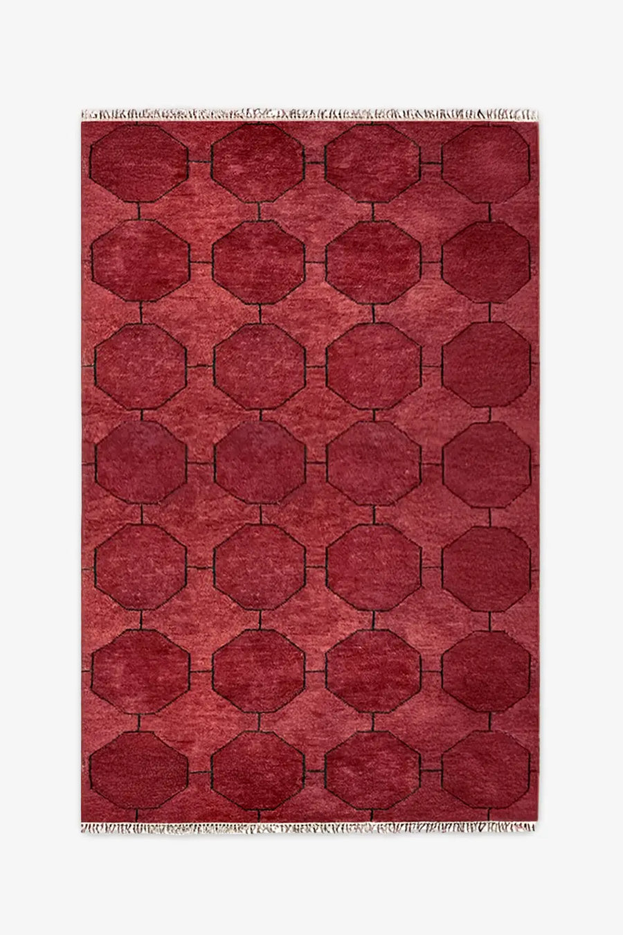 Bold red hand-knotted wool rug with bold geometric octagon layout, perfect for modern or eclectic spaces