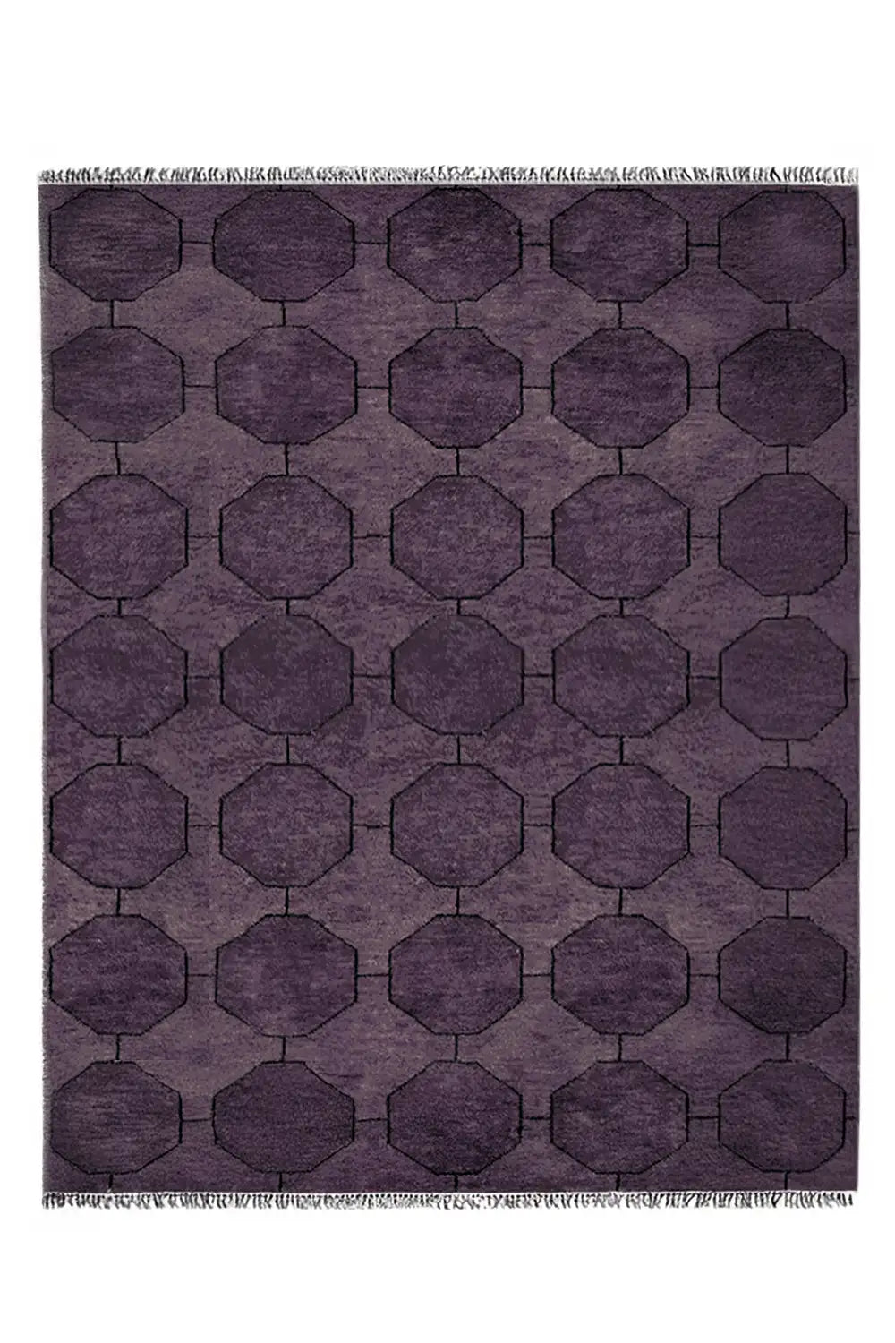 Hand-knotted geometric wool rug in deep plum purple with octagon pattern