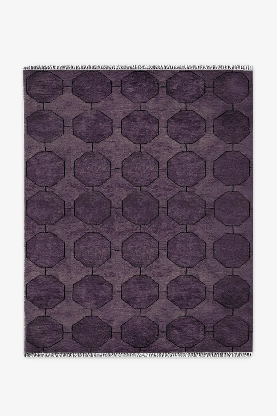 9x12 hand-knotted geometric wool rug in deep plum purple with octagon pattern