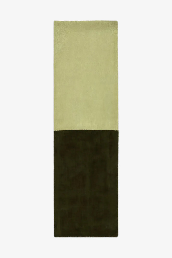 olive green and deep forest wool runner rug in 2x8 and 3x10 sizes, perfect for modern kitchens, narrow hallways, and earthy organic modern interiors