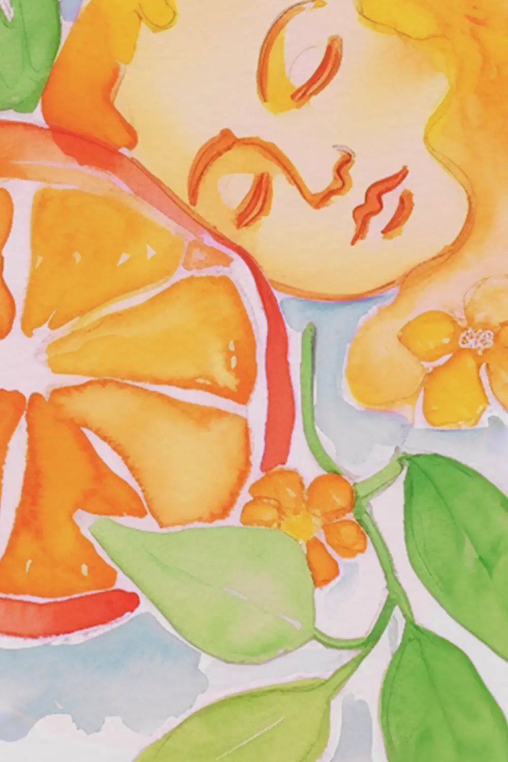 Citrus botanical watercolor print featuring an orange slice and leaves
