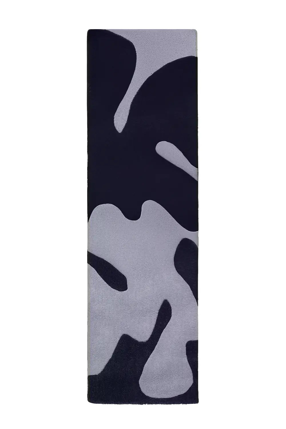 A modern wool runner rug featuring an organic abstract pattern in deep navy and soft blue tones.