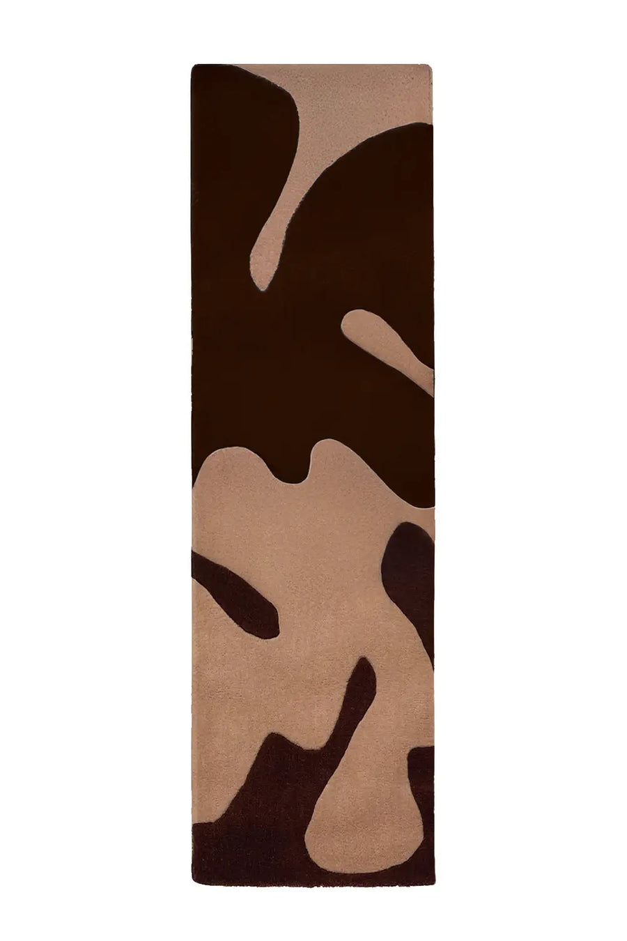 A 3x9 stylish wool runner rug showcasing an abstract organic pattern in warm brown and soft beige shades