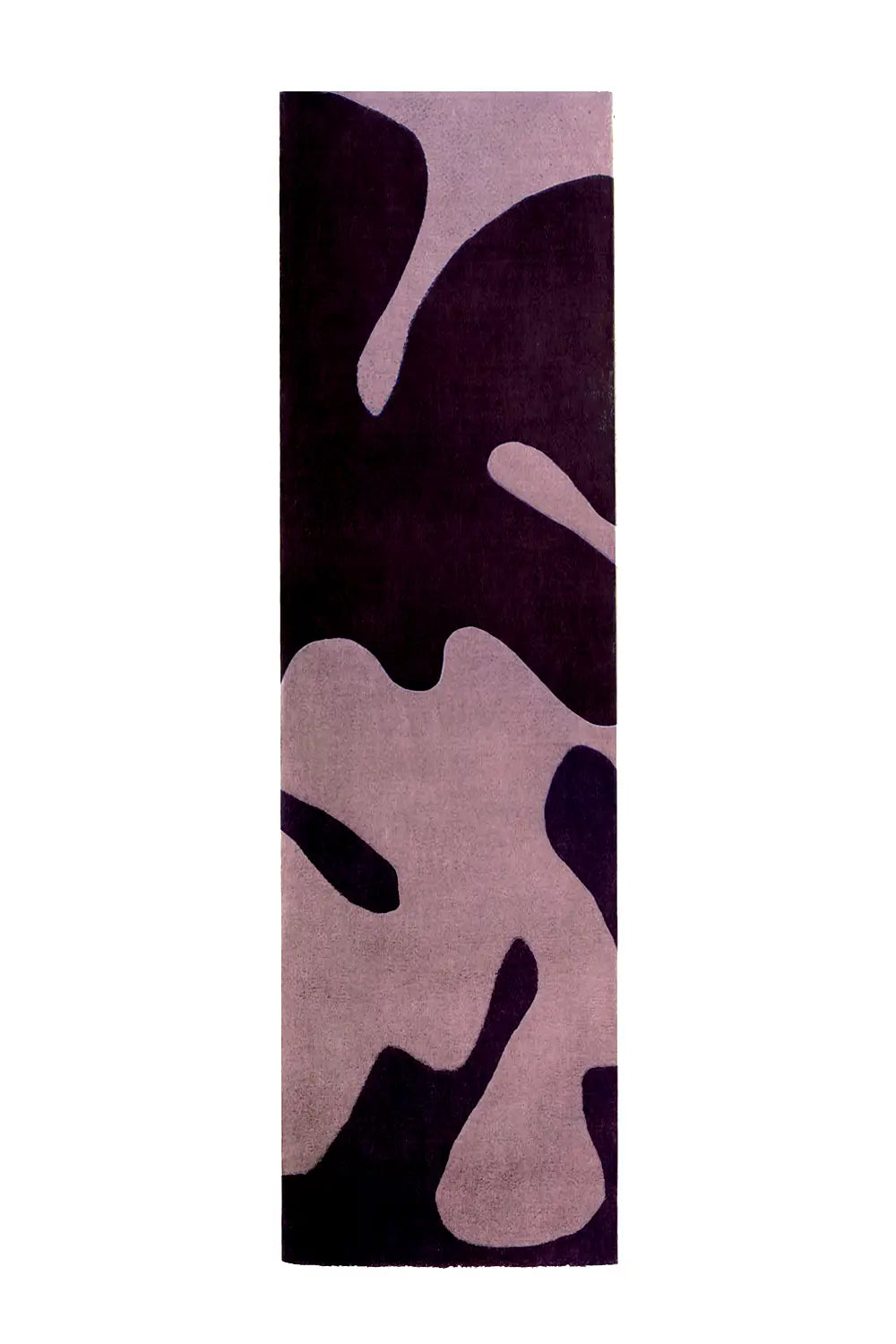 A contemporary wool runner rug with a flowing abstract design in rich purple and muted lavender hues