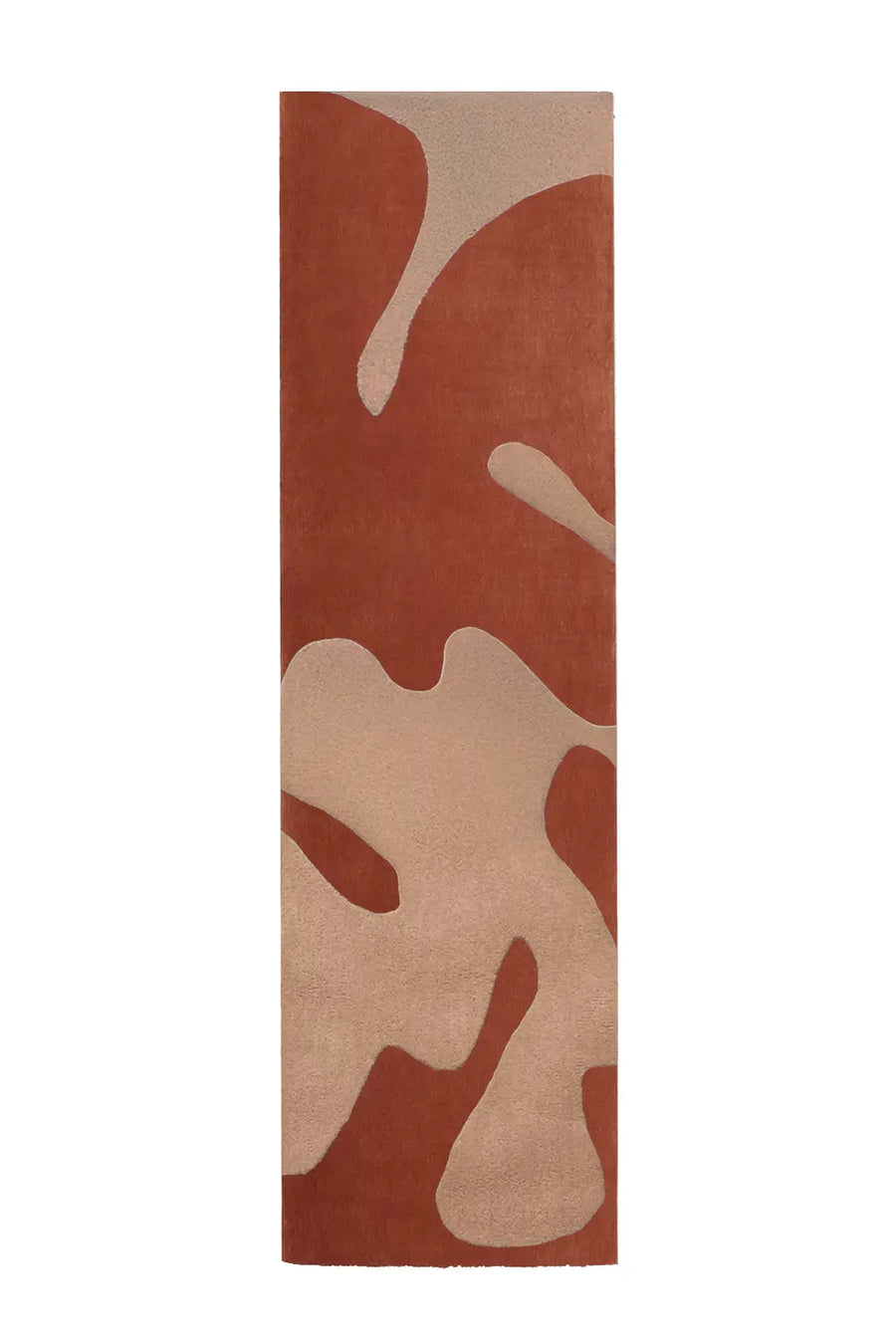 A warm-toned wool runner rug with an abstract, freeform pattern in terracotta and beige, highlighting a sculptural and modern aesthetic