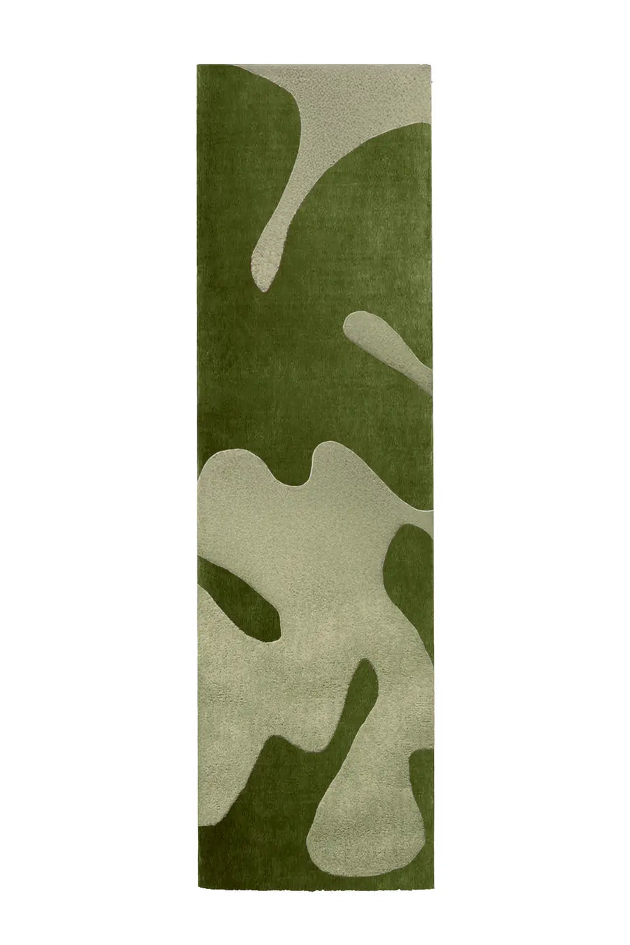 A modern wool runner rug featuring an organic, abstract pattern in deep green and beige, showcasing a sculptural, fluid design