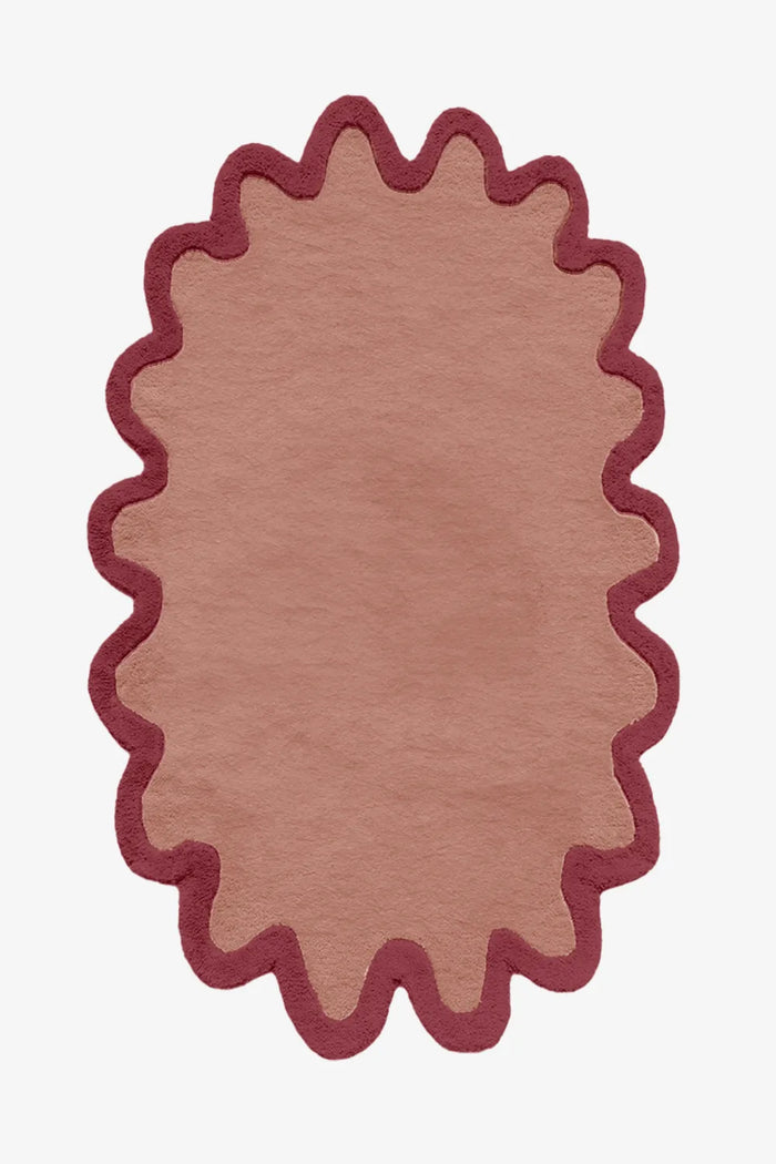 Red and burgundy wavy wool rug, colorful funky oval rug for living rooms