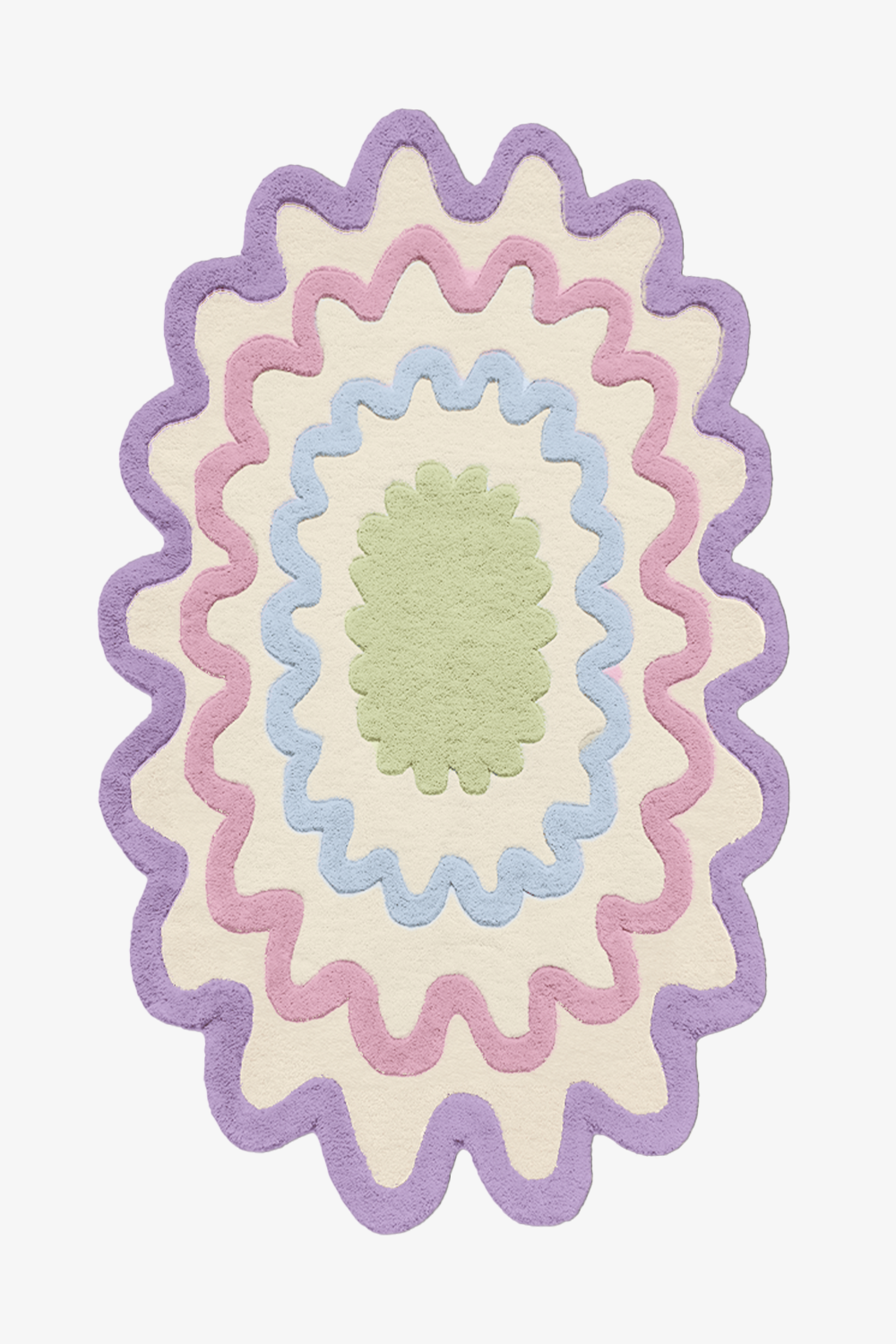 Colorful scalloped oval wool rug in pastel purple, green, and blue, modern boho area rug for playful living rooms and kids' rooms