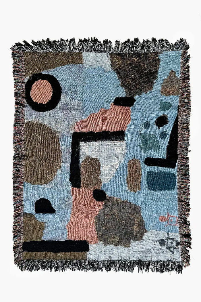 Paul Klee-inspired woven blanket with blue abstract pattern, perfect as a luxurious cotton throw or gift for art lovers