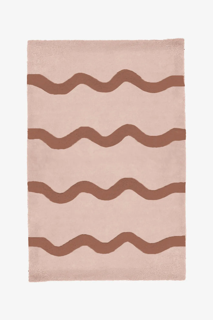 Playful pink and brown modern wool rug with wavy stripes, colorful boho area rug for bedrooms and living rooms
