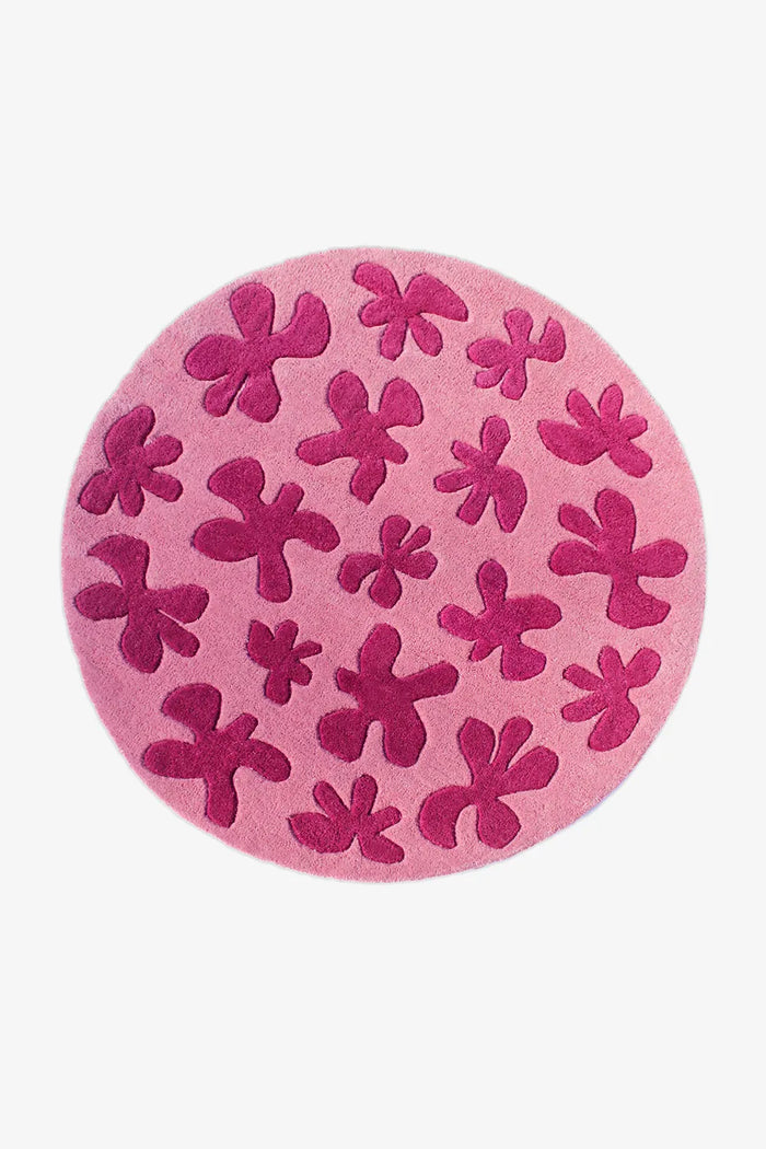 Pink floral round wool rug, colorful 6' round area rug for modern and boho living rooms