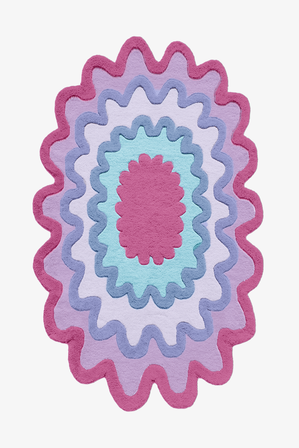 Bright rainbow scalloped wool rug in pink, red, blue, and cream, colorful modern wool area rug for eclectic interiors