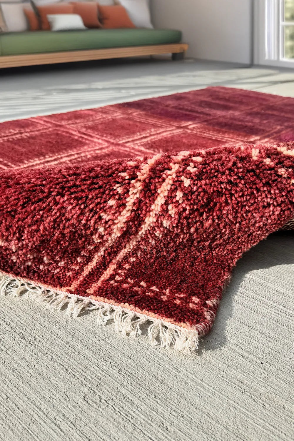 Large Oushak rug in burgundy with a hand-knotted wool texture.
