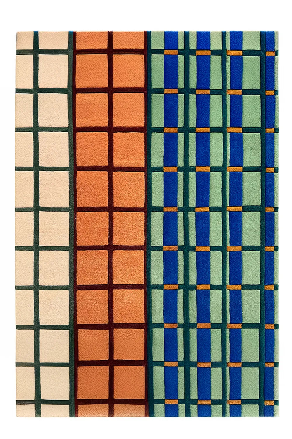 Mid-century modern wool rug with a bold multicolor grid pattern
