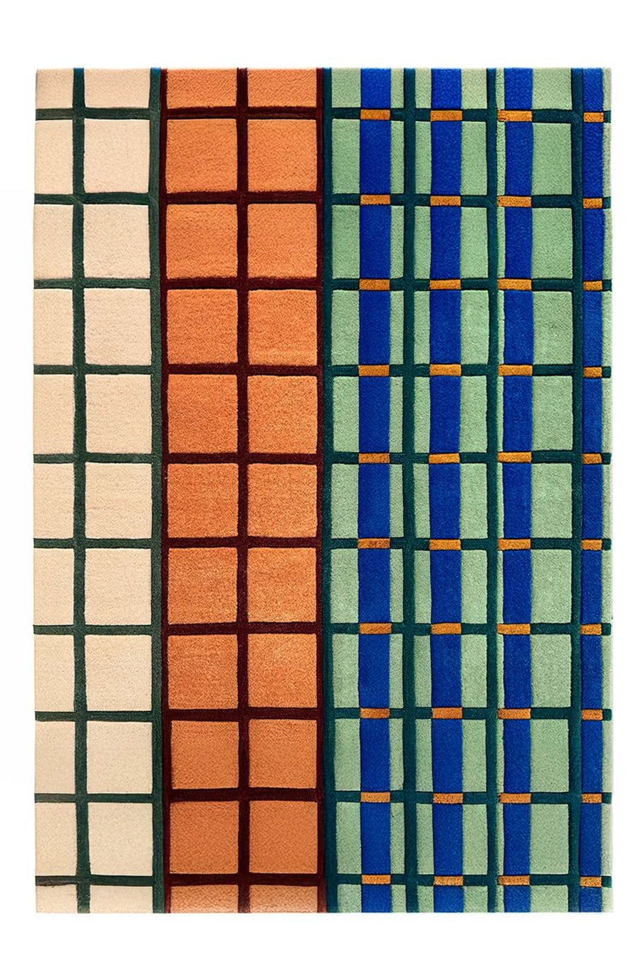 Mid-century modern wool rug with a bold multicolor grid pattern
