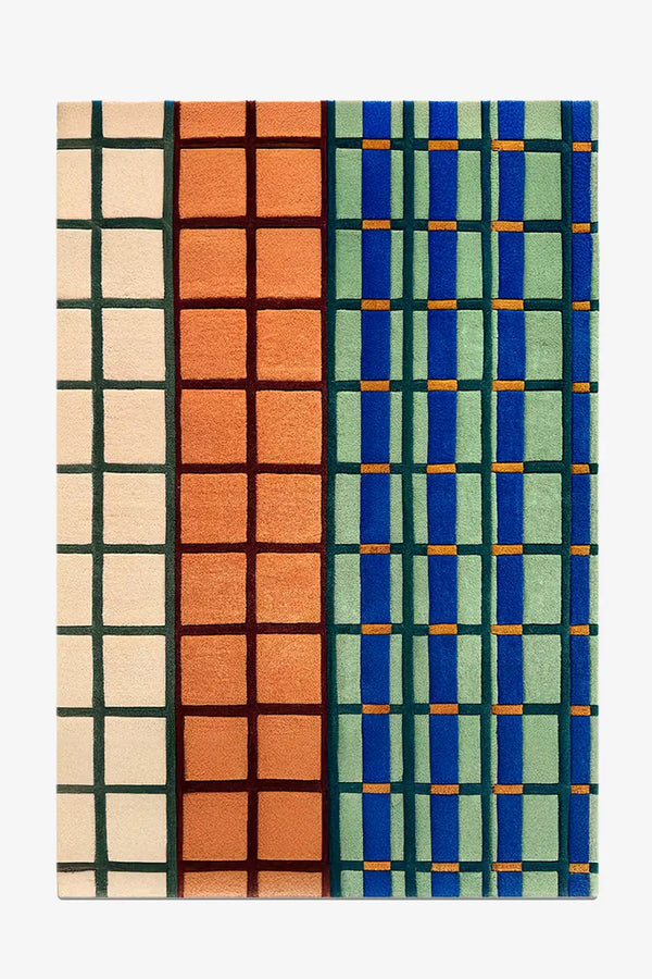 8x10 modern colorful wool rug with multicolor geometric grid pattern in terracotta, cobalt blue, ivory, and green