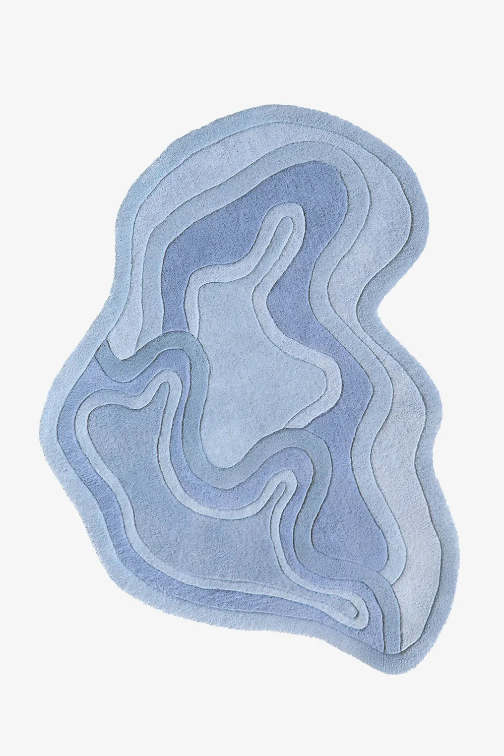Blue asymmetrical rug with flowing lines, styled as a modern 6x9 area rug, coastal rug, or funky custom size wool rug