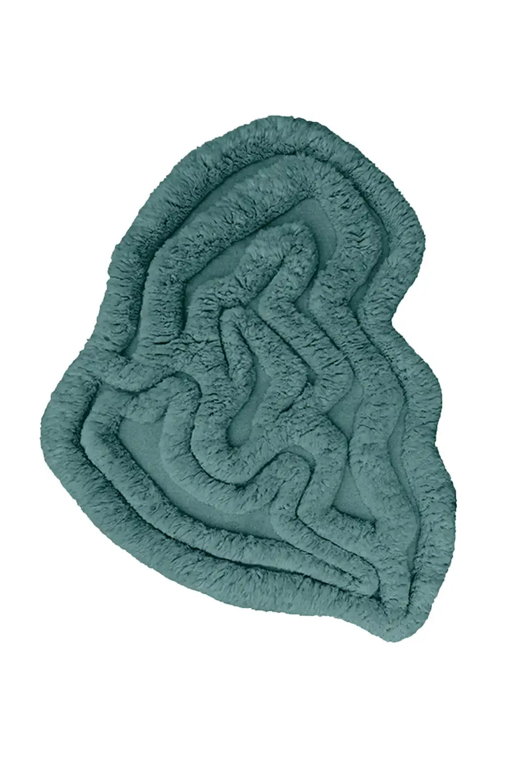 Sage green irregular shaped shag rug with plush wool pile, ideal for Japandi, rustic, or modern boho interiors