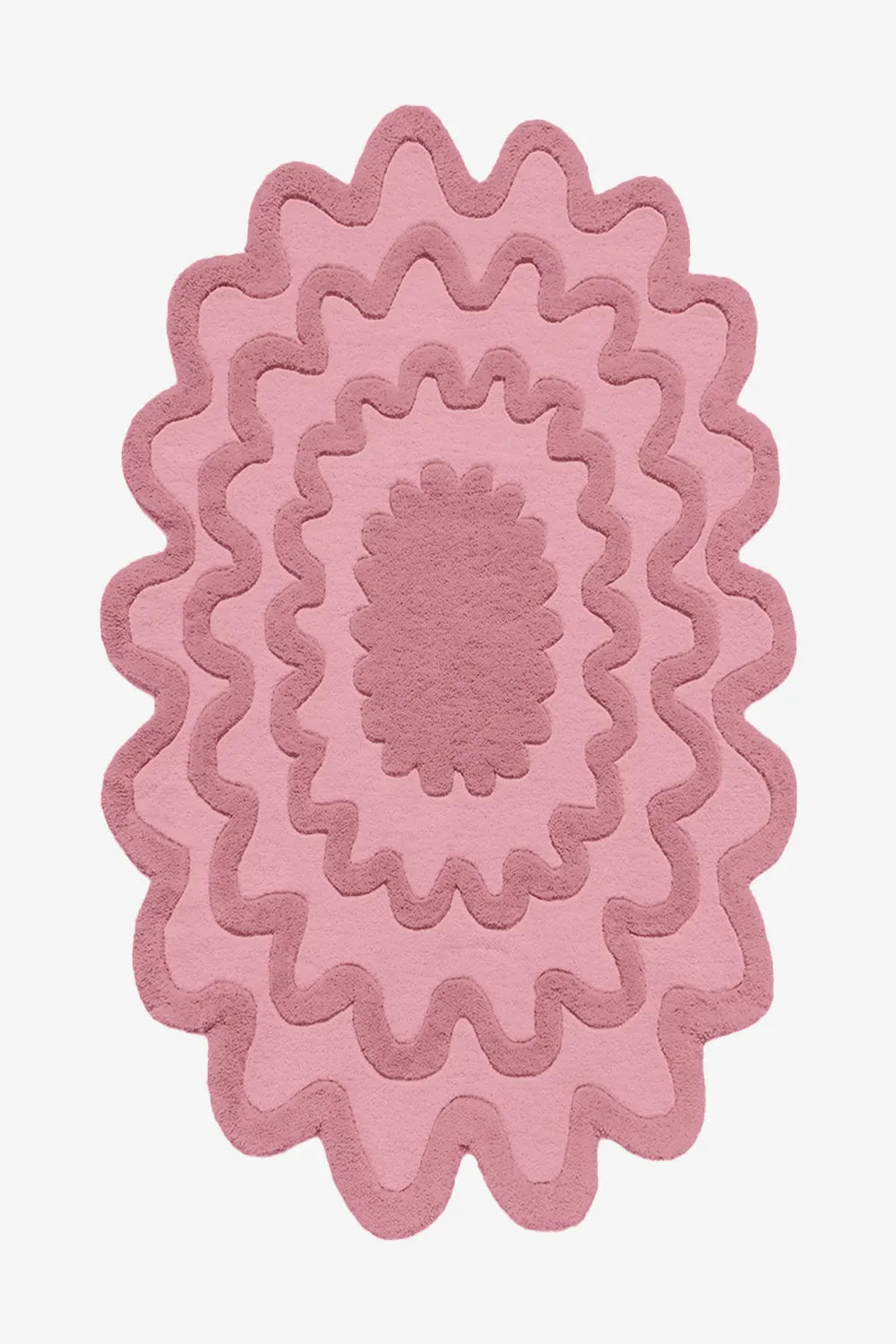 Pink ripple oval wool rug, colorful modern boho area rug for bedroom or living room