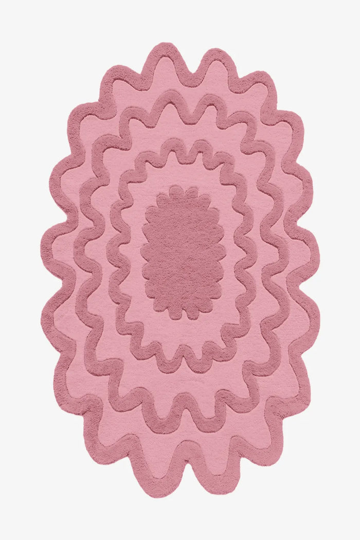 Pink ripple oval wool rug, colorful modern boho area rug for bedroom or living room