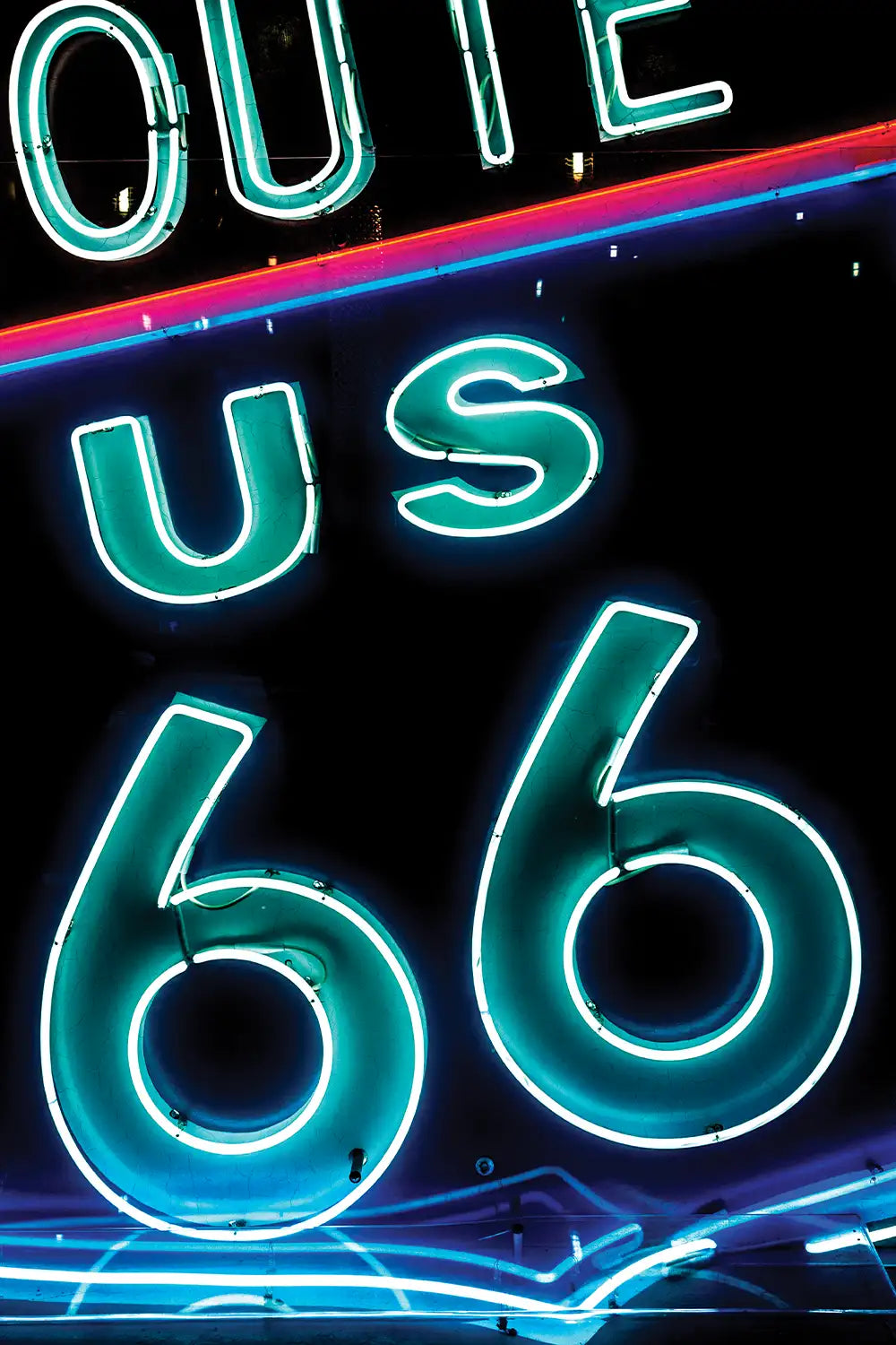 Vintage-inspired Route 66 Americana art print with neon lights
