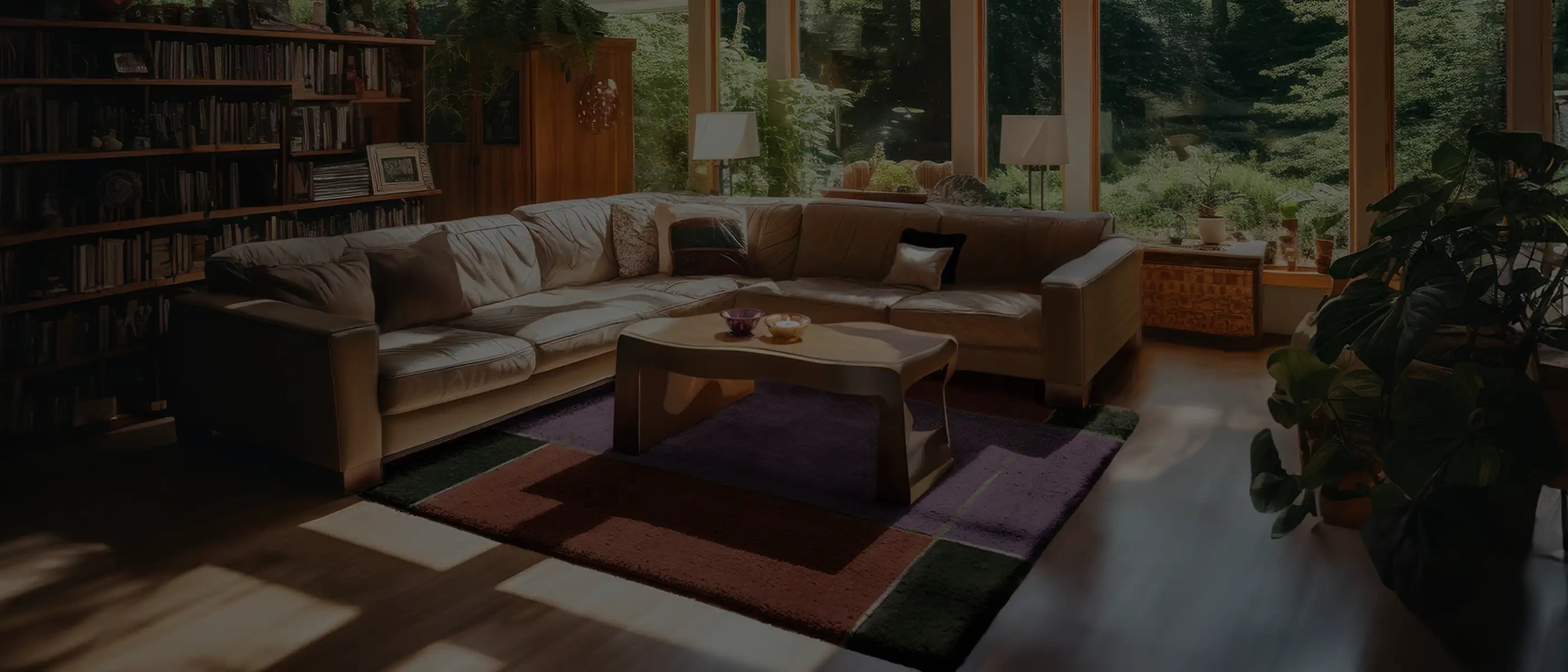 Elegant living room with a Jubi rug under the table, complementing warm wood tones and minimalist design