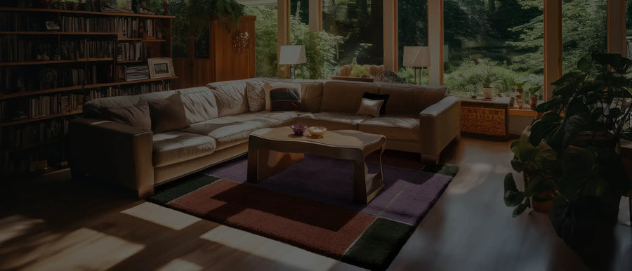 Elegant living room with a Jubi rug under the table, complementing warm wood tones and minimalist design