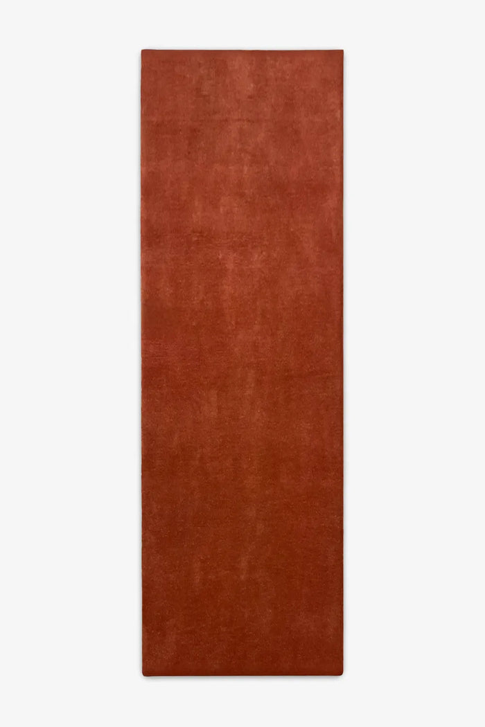 Rich rust red burnt orange wool runner rug, available in 12 foot and 15 foot runner sizes, perfect for bold modern hallway and kitchen runner ideas