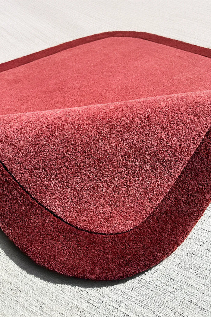 8x10 modern red rug with rounded corners, a colorful geometric rug for boho or mid century homes

