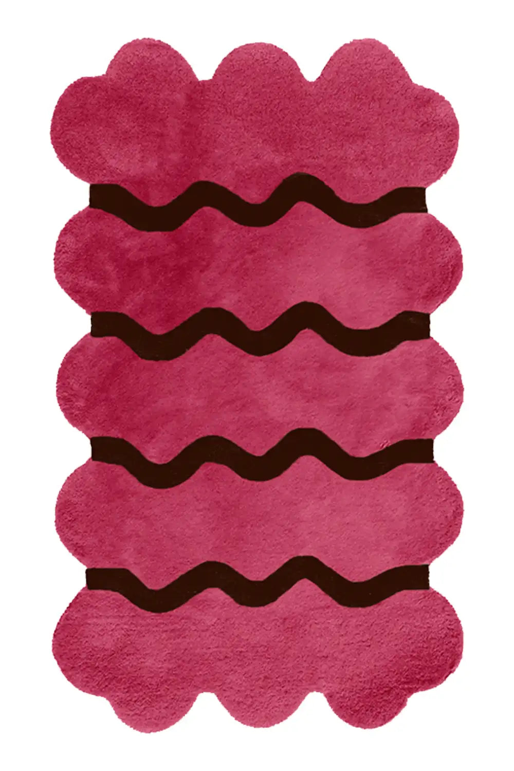 Playful hot pink wool area rug with black sculptural waves and scalloped silhouette in 4x6 size