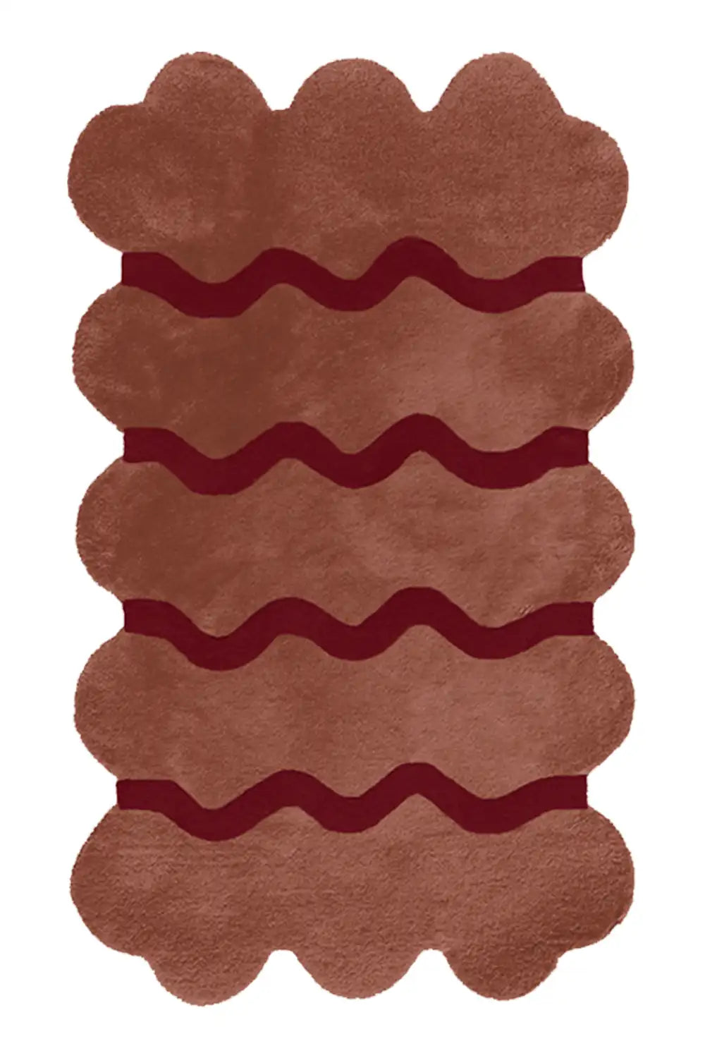 Terracotta and burgundy modern scalloped wool rug in 5x8 size featuring bold graphic wave design