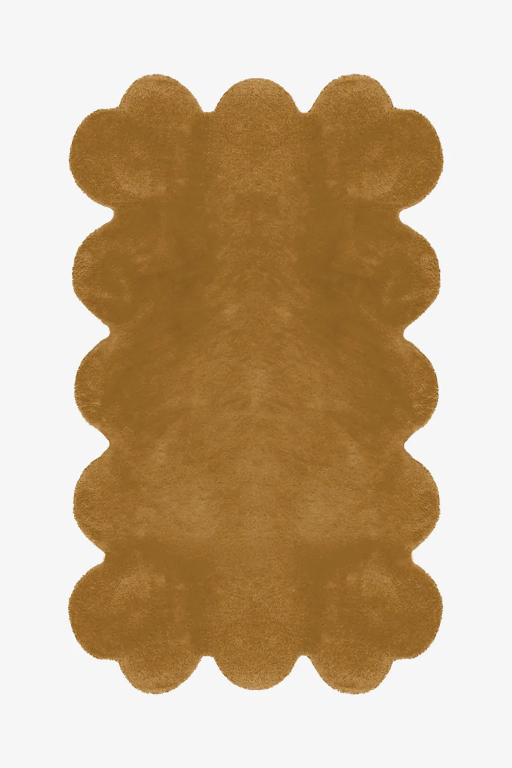 Mustard yellow scalloped wool rug, playful handmade rug for creative living rooms