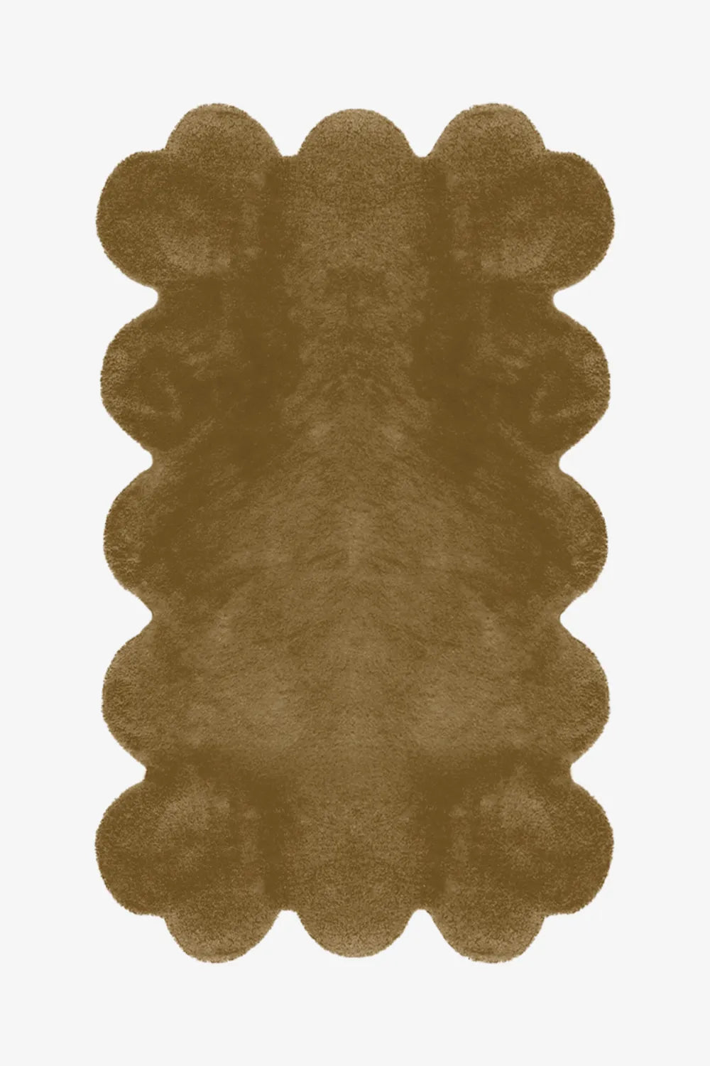 Olive green scalloped handmade wool rug, earthy living room accent rug in organic modern style