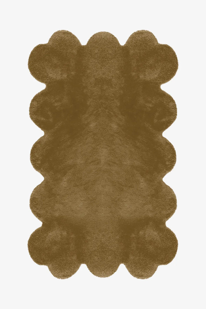 Olive green scalloped handmade wool rug, earthy living room accent rug in organic modern style