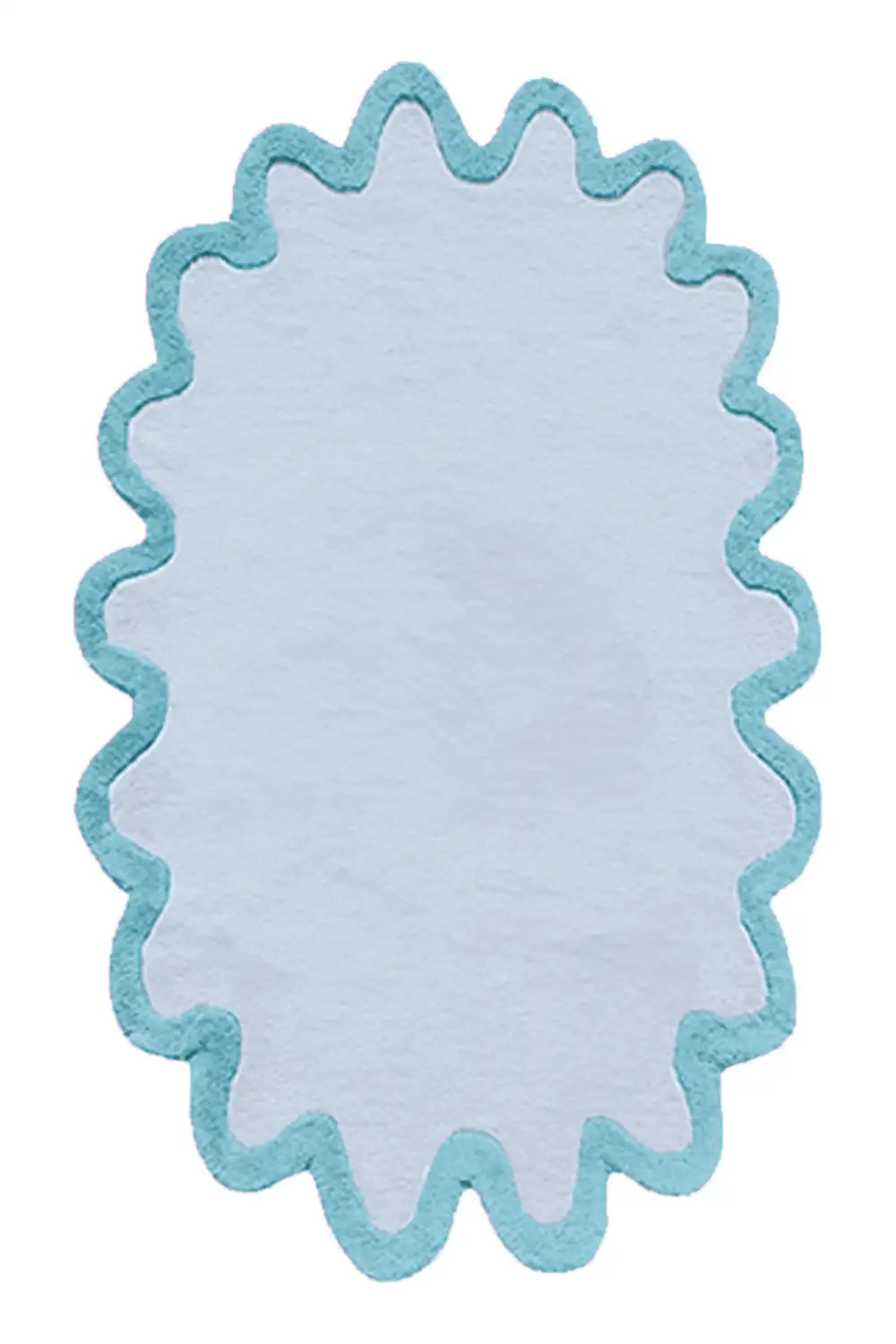 Light blue and teal wavy edge rug, coastal style colorful oval wool rug 6x9