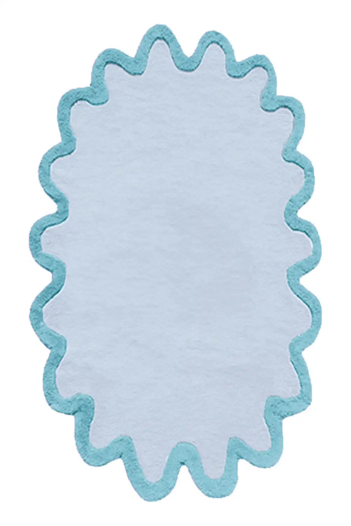 Light blue and teal wavy edge rug, coastal style colorful oval wool rug 6x9
