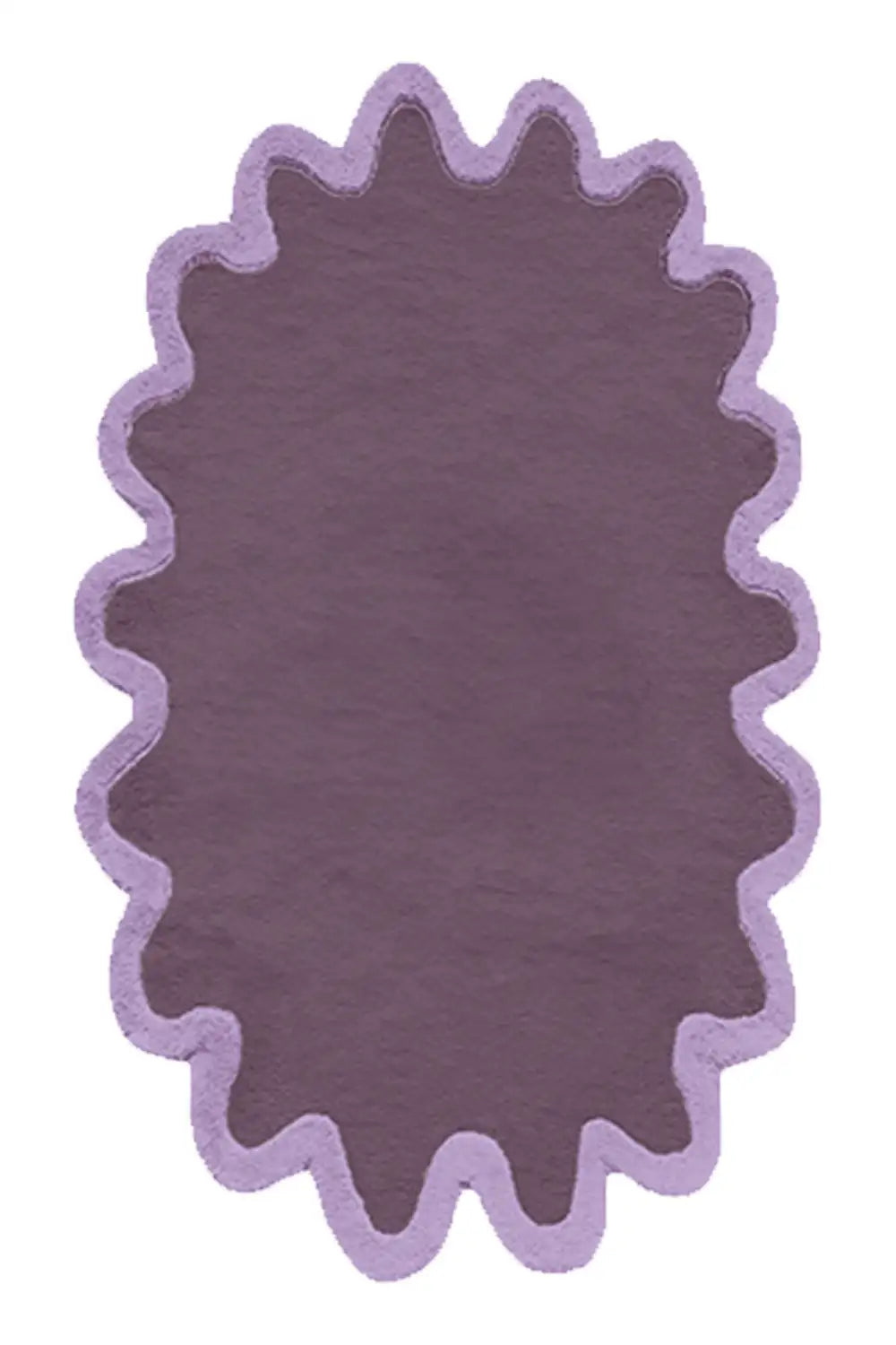 Deep purple oval wool rug with lilac wavy border, funky modern living room rug