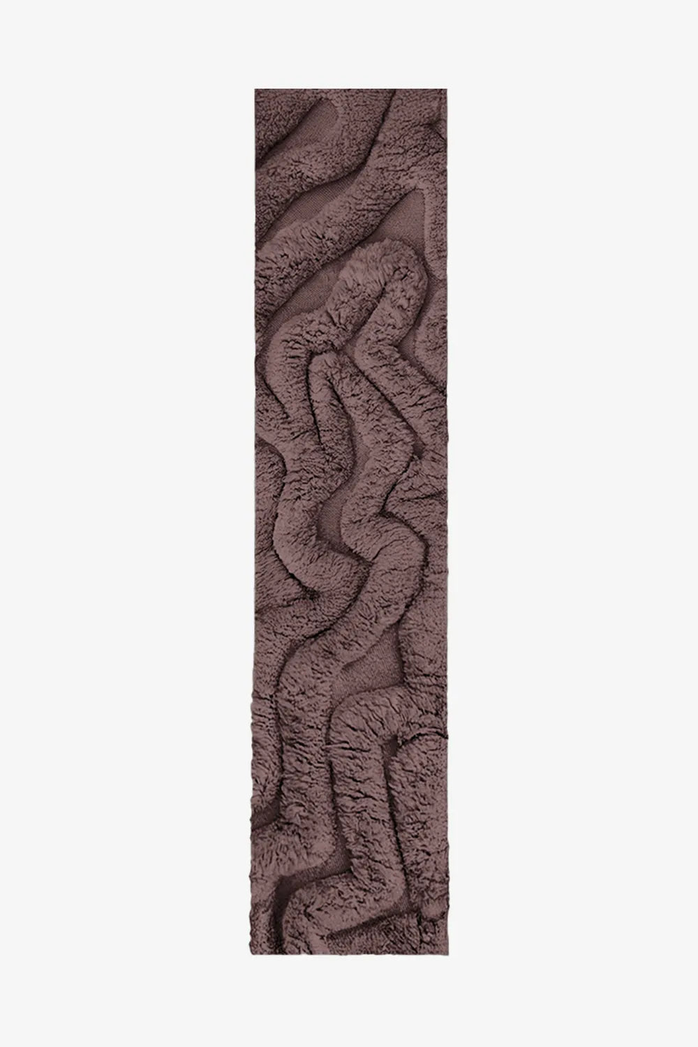 2.5x8 brown sculptural shag runner rug with organic wavy carved texture and plush high-pile wool