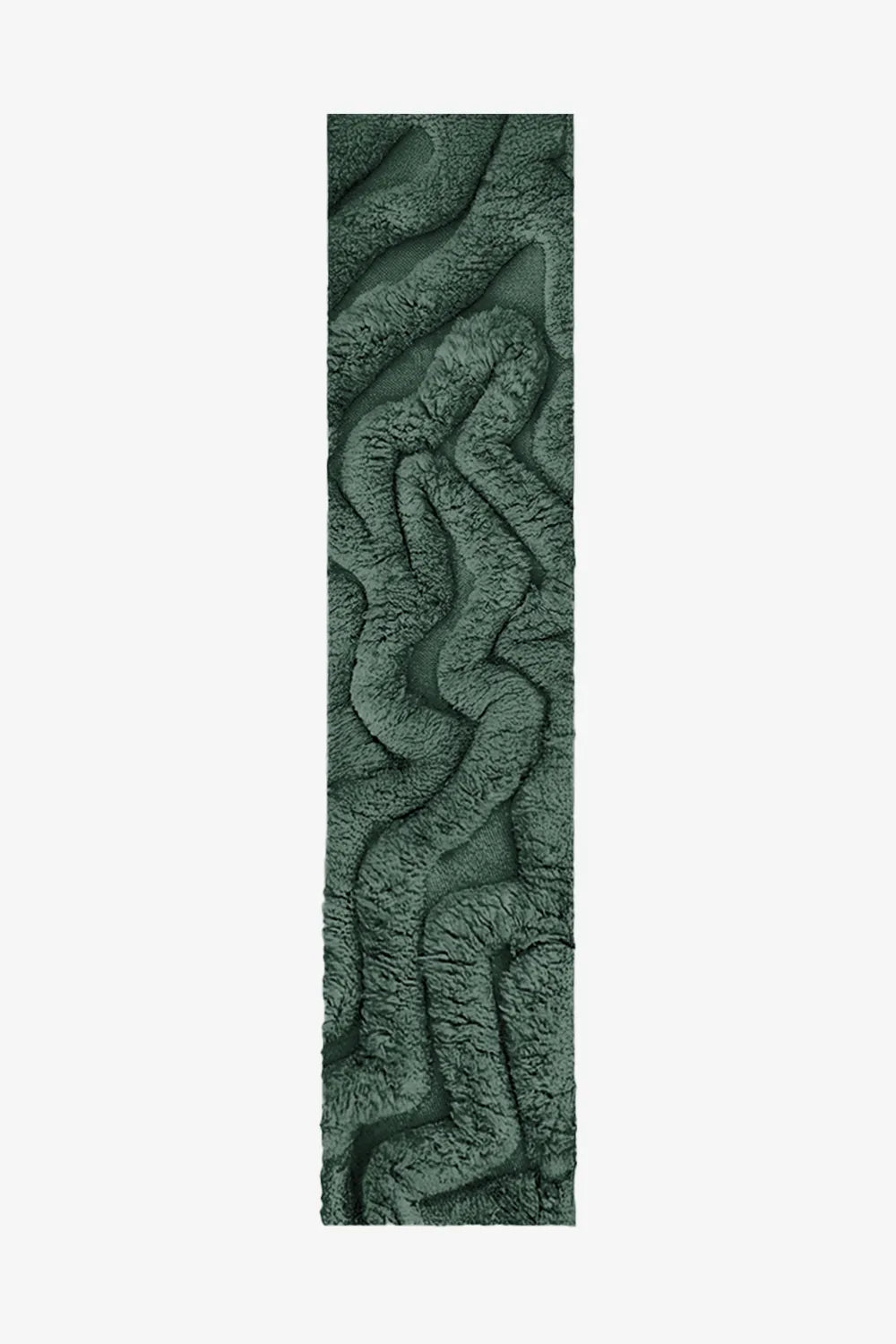 Green sculptural wool shag runner rug with irregular wavy carved design, perfect for modern hallways or entryways