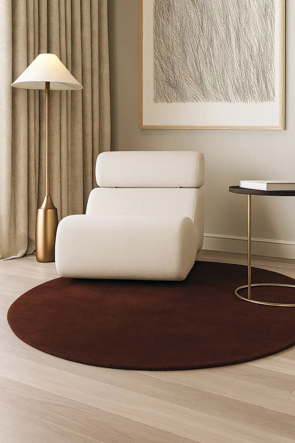 Chocolate brown round rug under accent chair in modern living room with wood floors and neutral decor