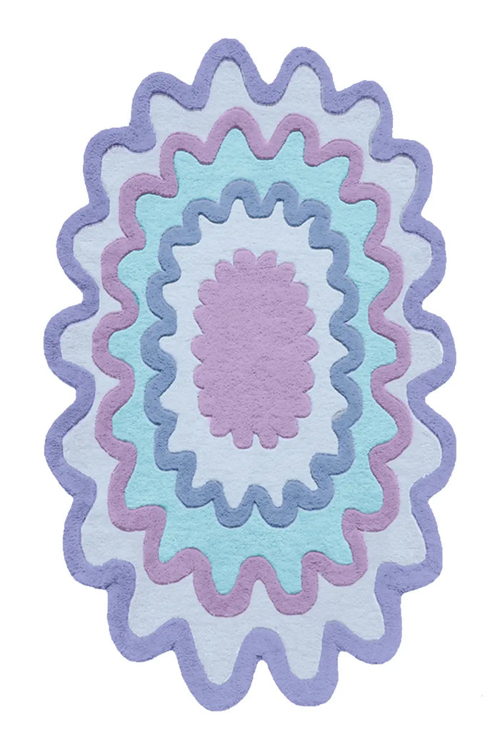 Soft blue and lilac scalloped wool rug, whimsical colorful rug for modern bedrooms and nurseries