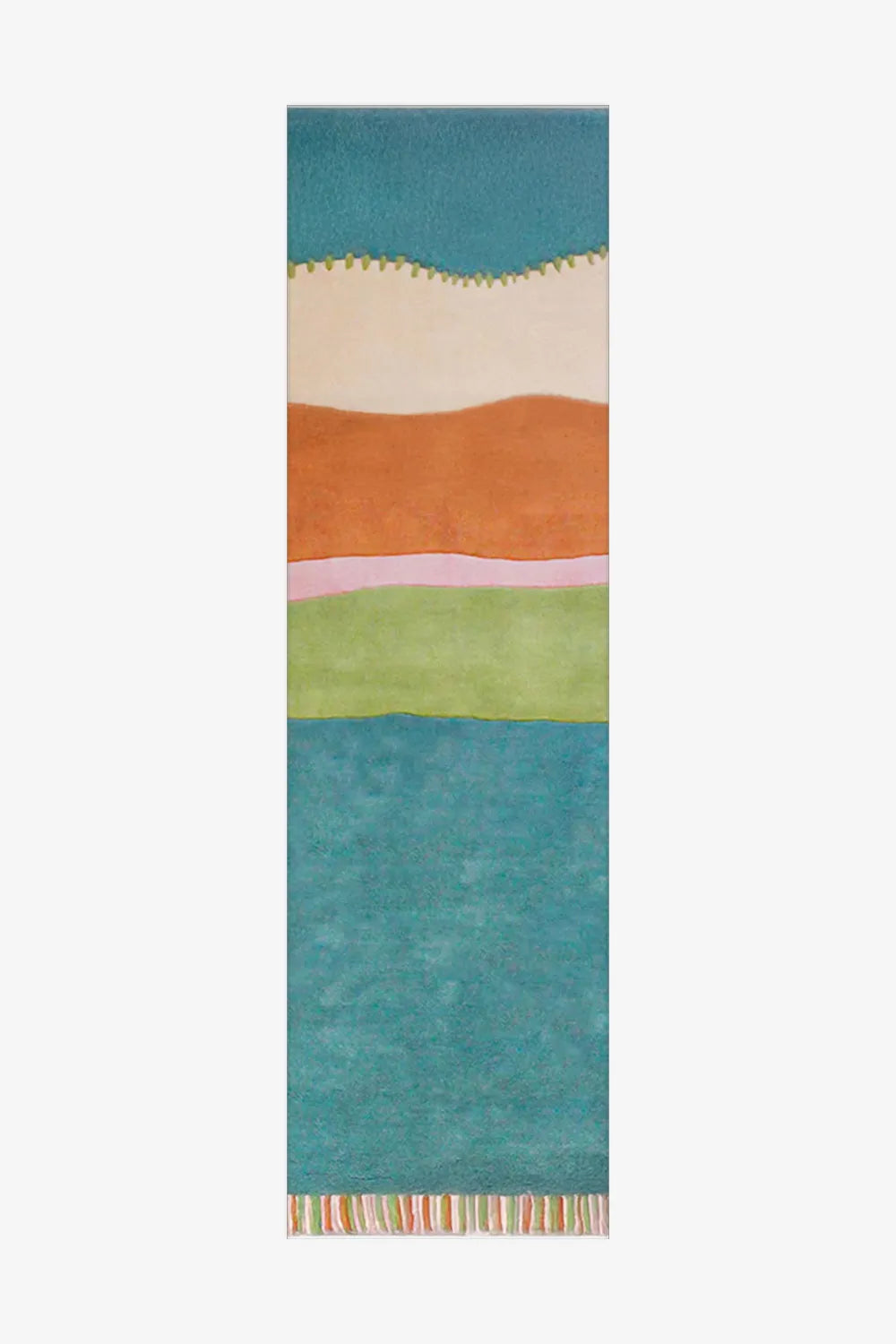2.5x10 colorful wool runner rug with stripes in teal, orange, and green, perfect for coastal interiors