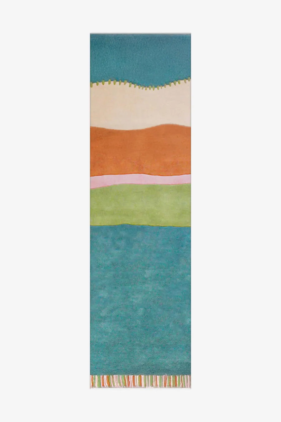 Hand-tufted wool runner rug with stitched stripes in teal, orange, and green.