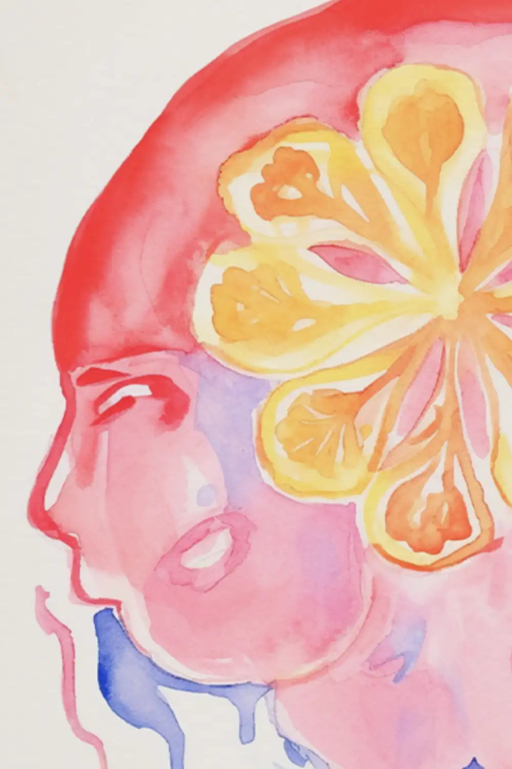 Close-up of Fruitful Thoughts print showcasing fluid watercolor textures and soft color blends.
